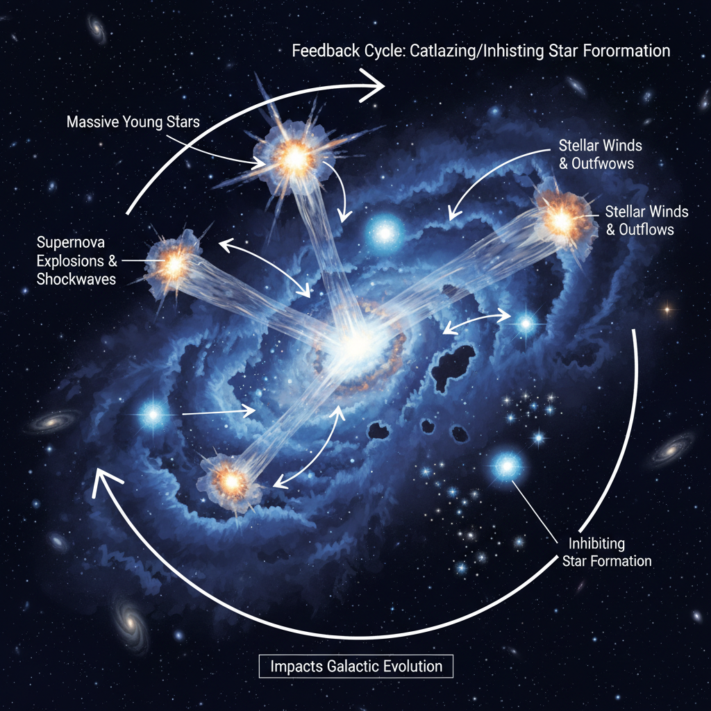 Visualização do feedback galáctico na ZMC, onde a morte explosiva de estrelas massivas e seus ventos estelares injetam energia e matéria, influenciando o ciclo de formação estelar e a evolução da galáxia.