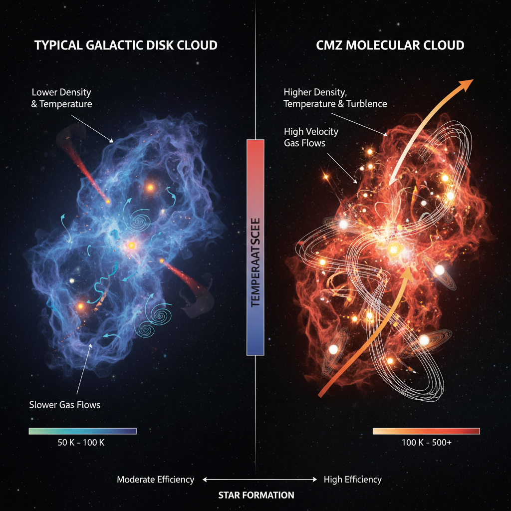 Comparação visual entre uma nuvem molecular típica no disco galáctico e uma nuvem na ZMC, ilustrando as condições extremas de densidade, temperatura e turbulência que desafiam os modelos padrão de formação estelar.