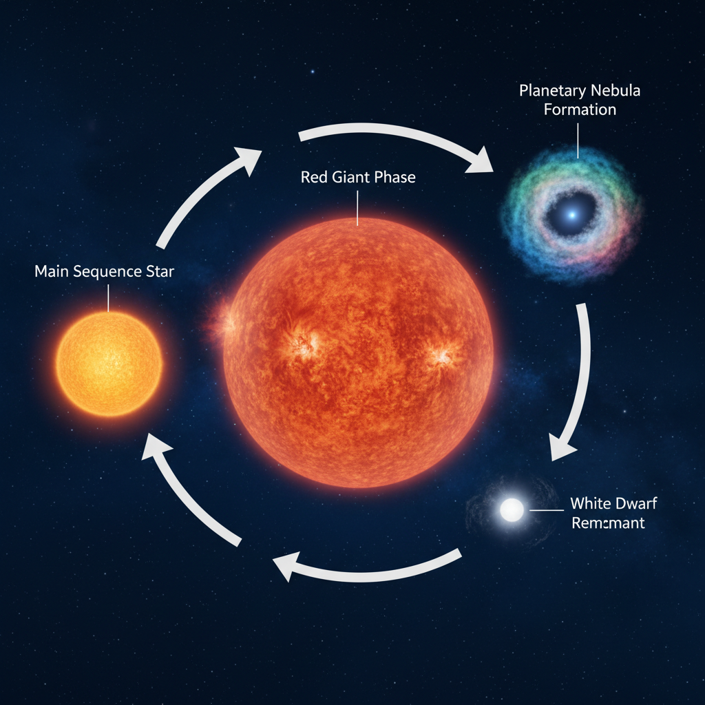 O infográfico ilustra as fases da vida de uma estrela como o Sol, desde a sequência principal até a formação de uma nebulosa planetária e, por fim, uma anã branca.