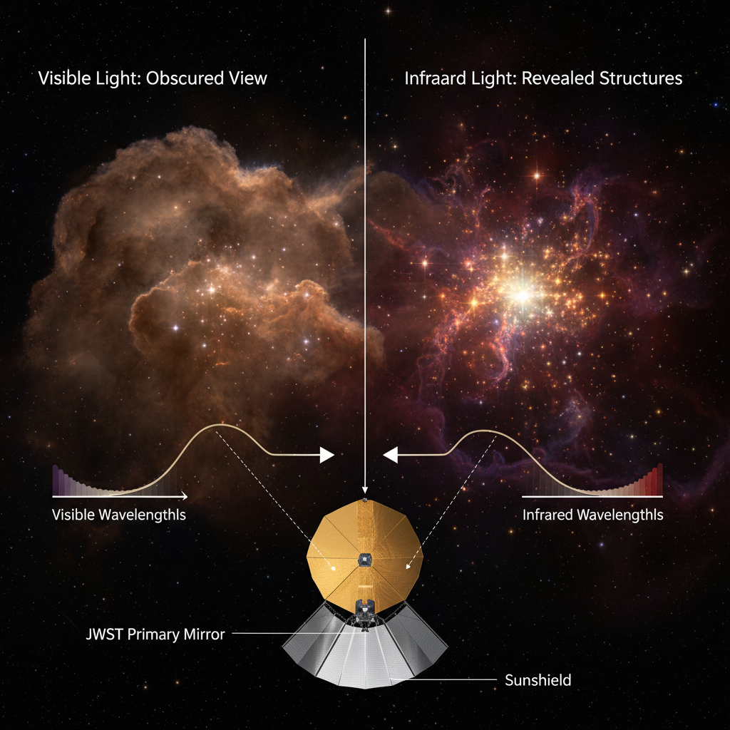 Comparação visual demonstrando como a capacidade infravermelha do Telescópio Espacial James Webb permite a penetração de nuvens de poeira cósmica, revelando estruturas ocultas no universo.