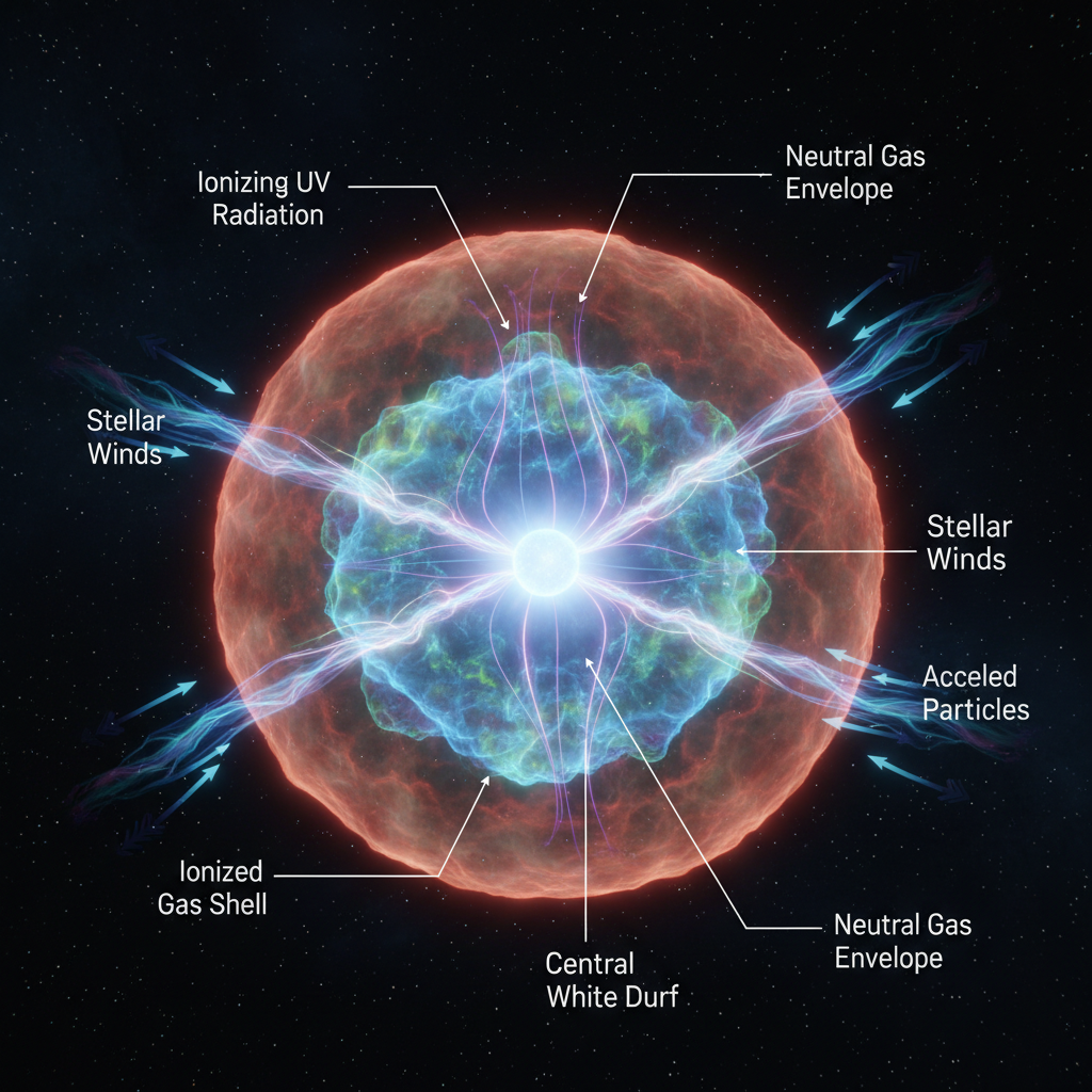 Um corte transversal esquemático de uma nebulosa planetária, detalhando a estrela central, a radiação ultravioleta ionizante e as camadas de gás que compõem sua estrutura.
