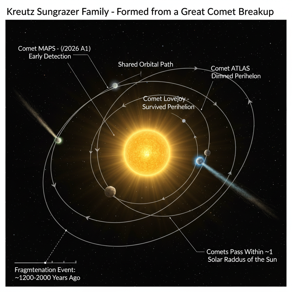 A família de cometas rasantes de Kreutz, incluindo o recém-descoberto MAPS, compartilha uma órbita comum, sugerindo uma origem a partir de um único cometa gigante que se fragmentou milênios atrás.