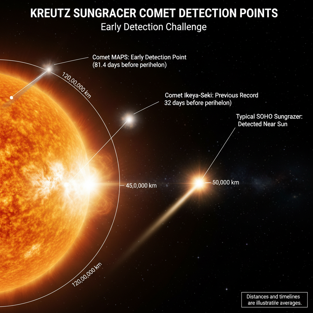A detecção precoce do cometa MAPS a uma distância recorde do Sol oferece uma janela sem precedentes para estudar um cometa rasante de Kreutz antes de seu periélio.