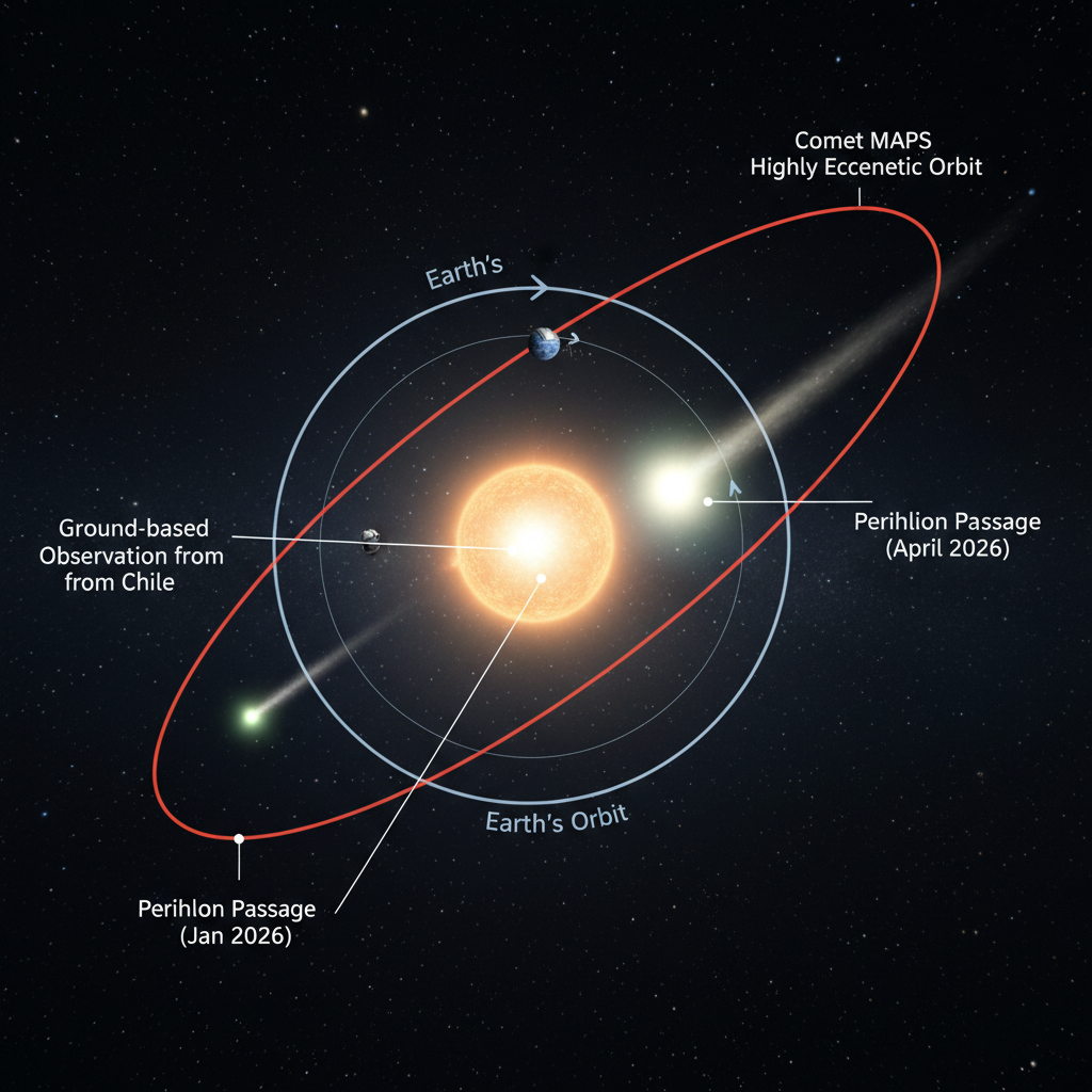 O cometa C/2026 A1 (MAPS) foi descoberto por observadores terrestres no Chile, e sua órbita alongada o levará a uma passagem próxima ao Sol em abril de 2026, oferecendo uma rara oportunidade de estudo.