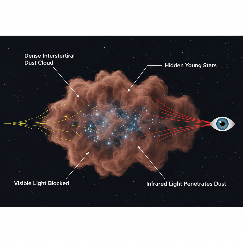 Este infográfico demonstra como a luz infravermelha, com seus comprimentos de onda mais longos, consegue atravessar as densas nuvens de poeira cósmica, revelando objetos celestes que seriam invisíveis no espectro de luz visível.