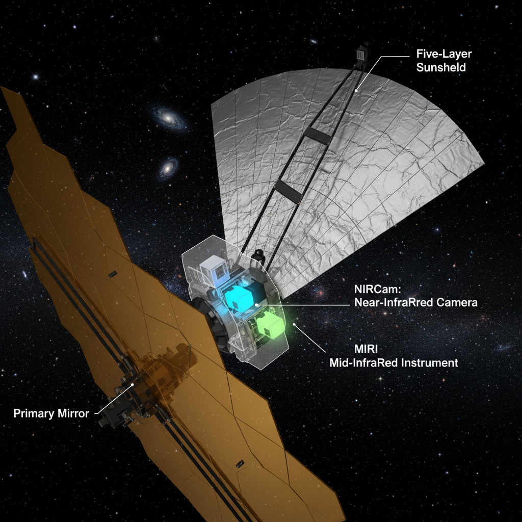 Uma representação detalhada dos instrumentos NIRCam e MIRI do Telescópio Espacial James Webb, cruciais para capturar a luz infravermelha e desvendar os segredos da formação estelar em galáxias distantes.