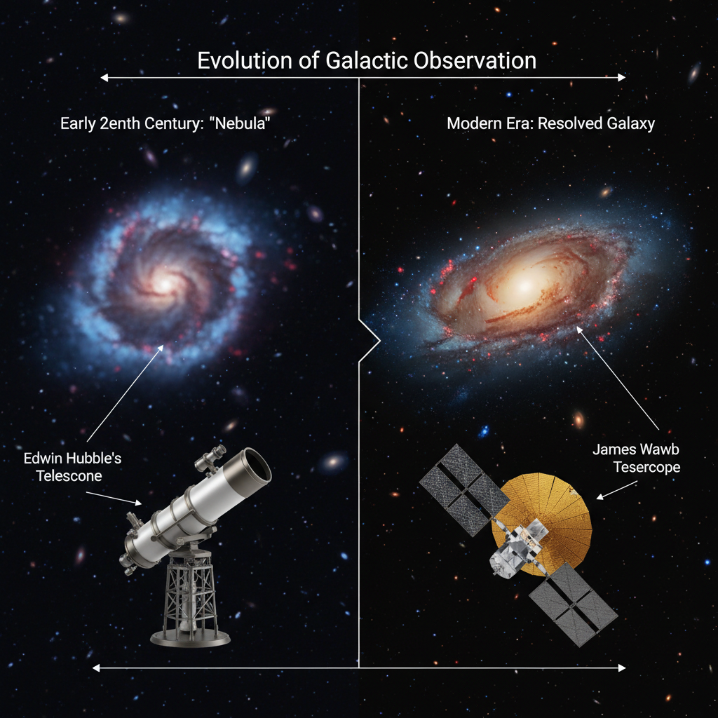 Este infográfico compara a evolução da observação galáctica, desde as 'nebulosas' indistintas vistas por Edwin Hubble até as galáxias detalhadas reveladas pelo James Webb, destacando o avanço tecnológico.