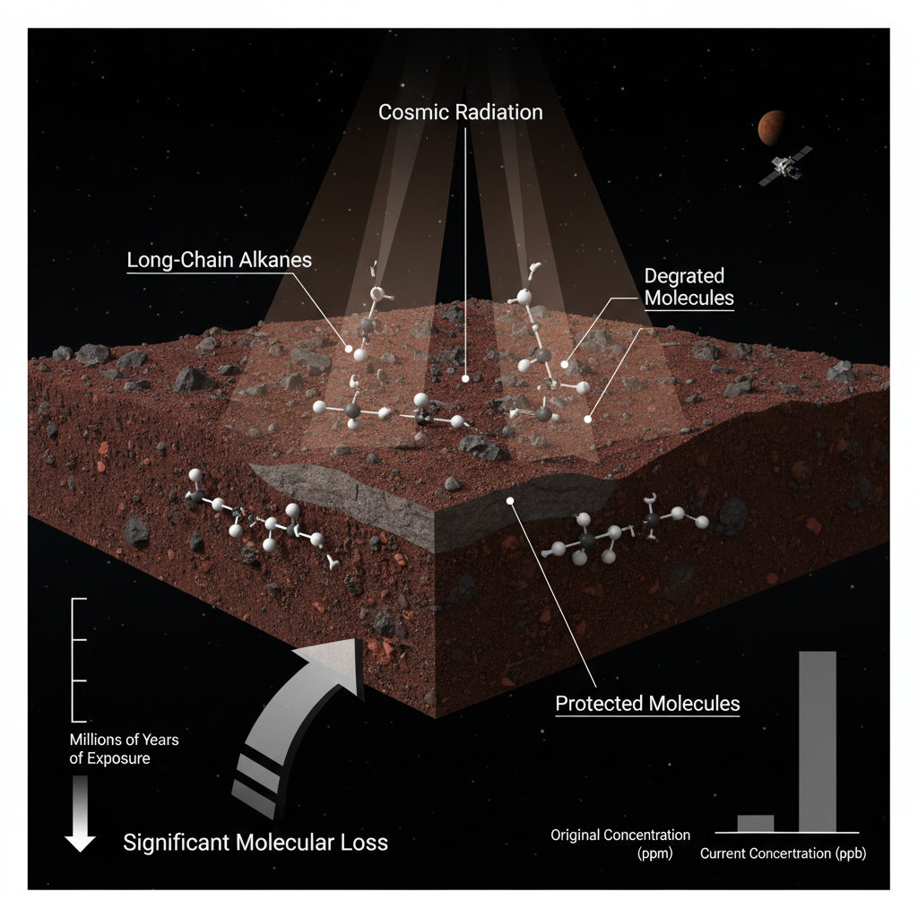 Visualização do processo de degradação de moléculas orgânicas no solo marciano pela radiação cósmica, explicando como a abundância original é estimada a partir das concentrações atuais.