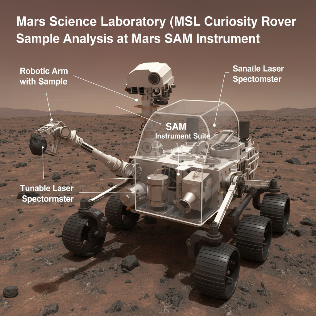 Infográfico do rover Curiosity e seu instrumento SAM, detalhando como amostras de rocha são analisadas para detectar e identificar moléculas orgânicas no Planeta Vermelho.