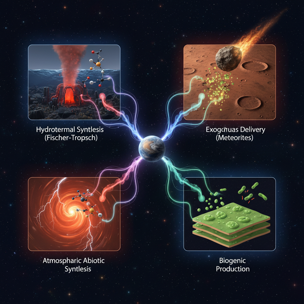 Este infográfico compara as diversas origens possíveis para moléculas orgânicas em ambientes planetários, incluindo processos abiogênicos e biogênicos, essenciais para a astrobiologia.