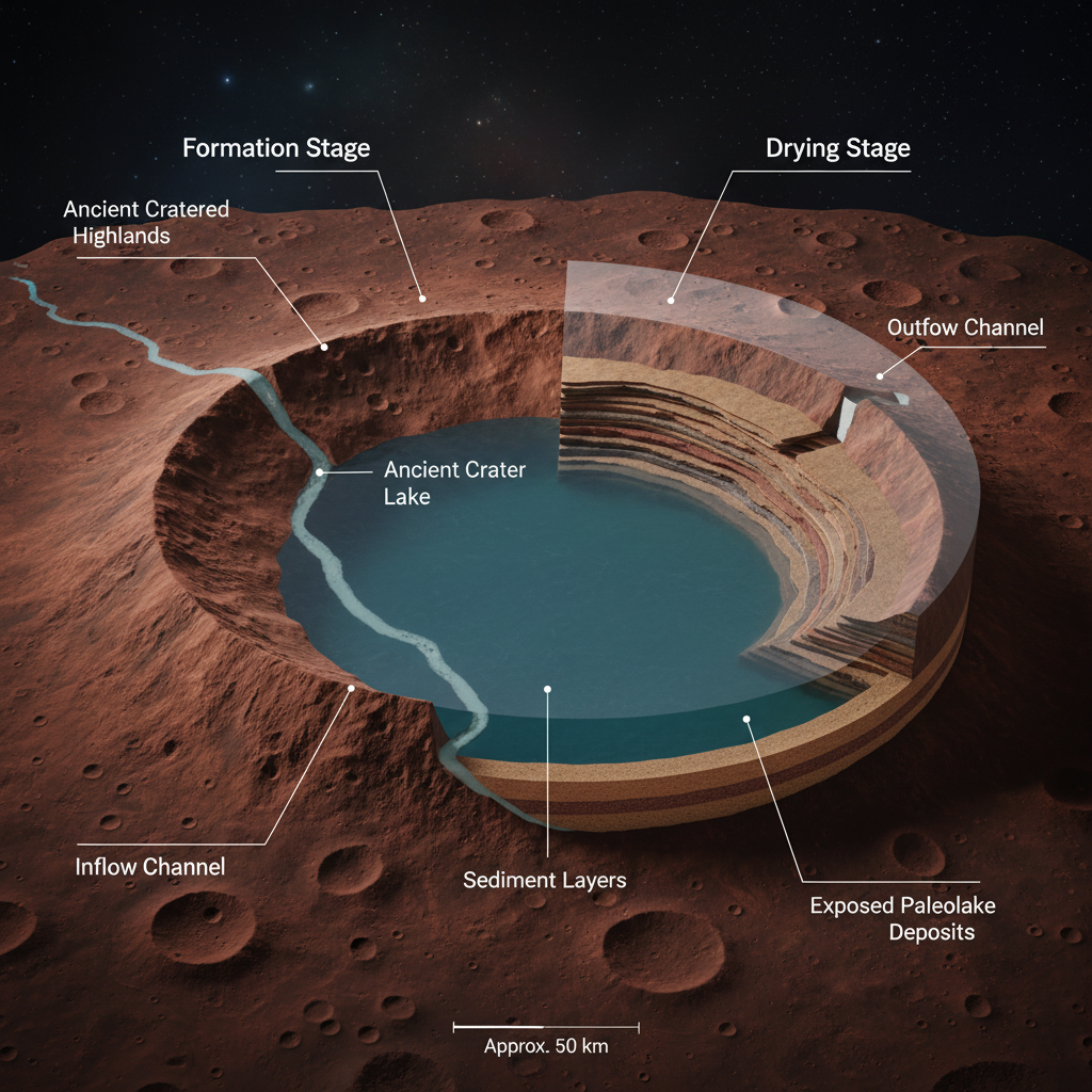 O infográfico detalha como os paleolagos marcianos se formaram em crateras de impacto através de canais de afluxo e eventualmente secaram, deixando para trás camadas sedimentares que hoje revelam sua história aquática.