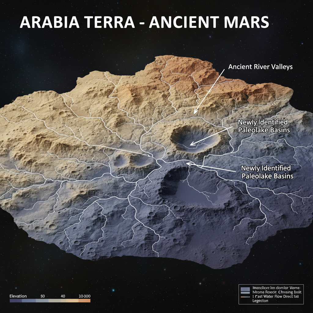 Este infográfico revela a complexa rede hídrica da Arábia Terra no Marte antigo, destacando vales de rios e paleolagos recém-identificados que desafiam as expectativas sobre o passado aquático da região.