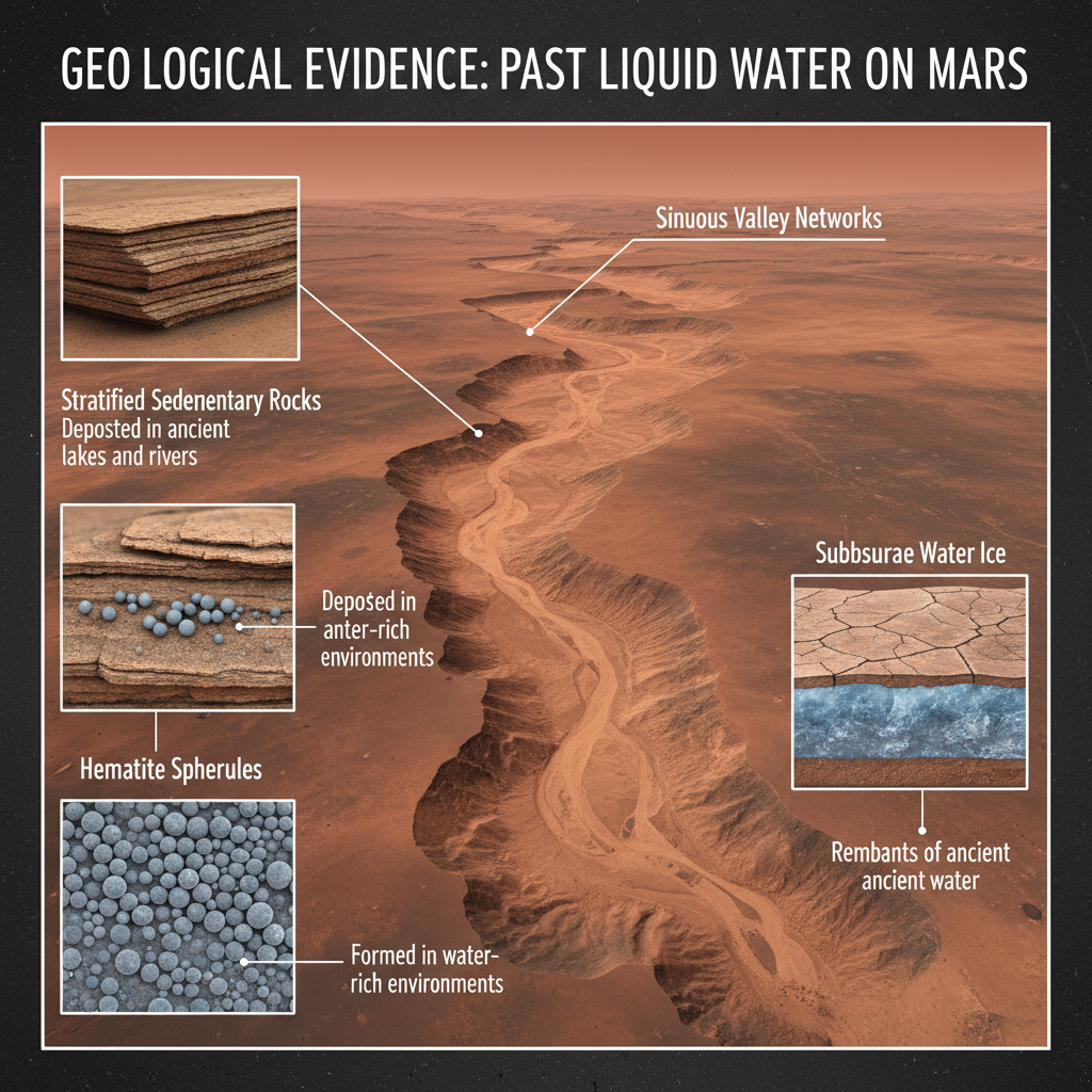 O infográfico compila as principais evidências geológicas que confirmam a presença de água líquida em Marte no passado, desde vales sinuosos até rochas sedimentares e esferas de hematita.