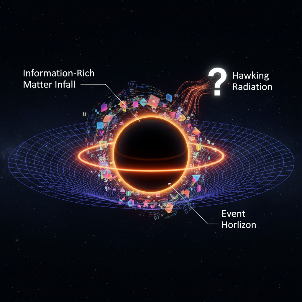 Visualização do Paradoxo da Perda de Informação, onde a matéria que cai em um buraco negro parece ter sua informação fundamental perdida, pois a Radiação de Hawking emitida é puramente térmica e desprovida de detalhes.