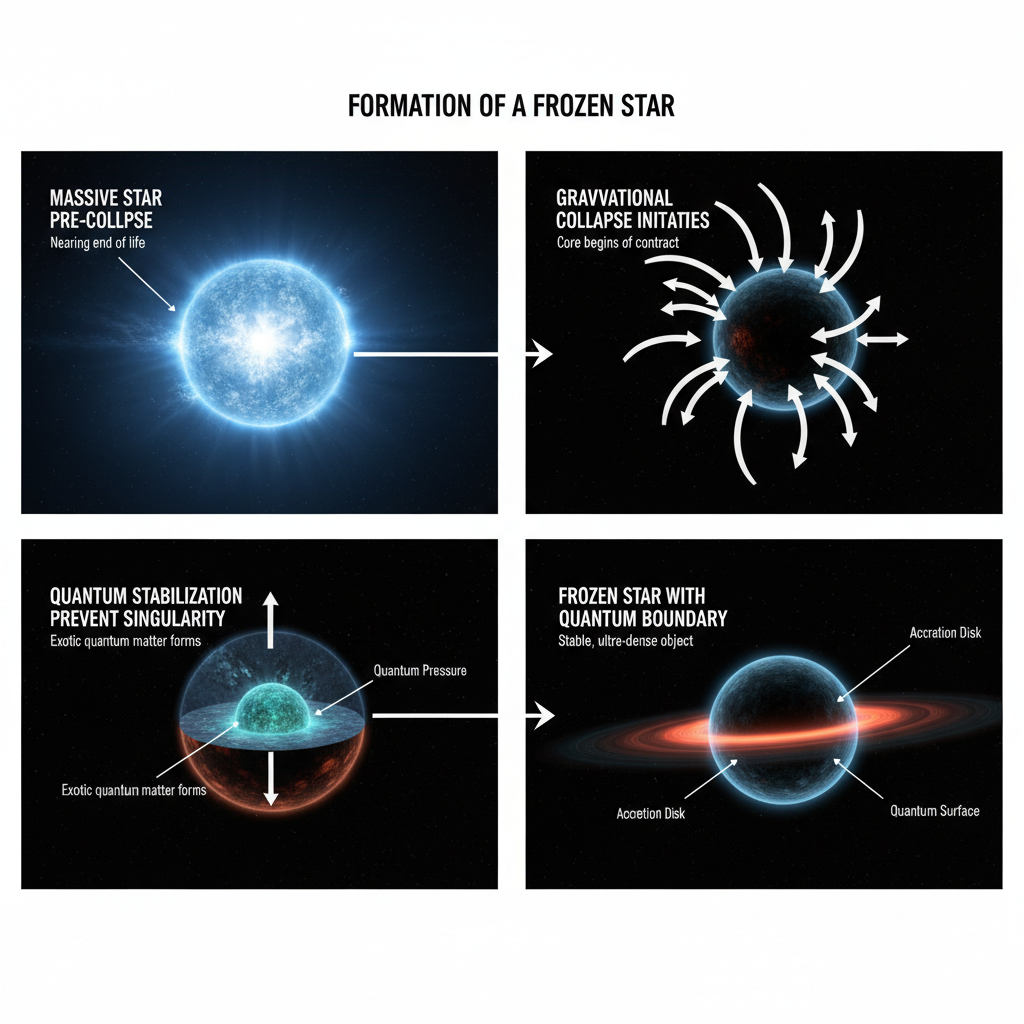 Este infográfico ilustra a formação de uma estrela congelada, onde a pressão quântica extrema impede o colapso completo para uma singularidade, resultando em um objeto ultracompacto de matéria exótica.