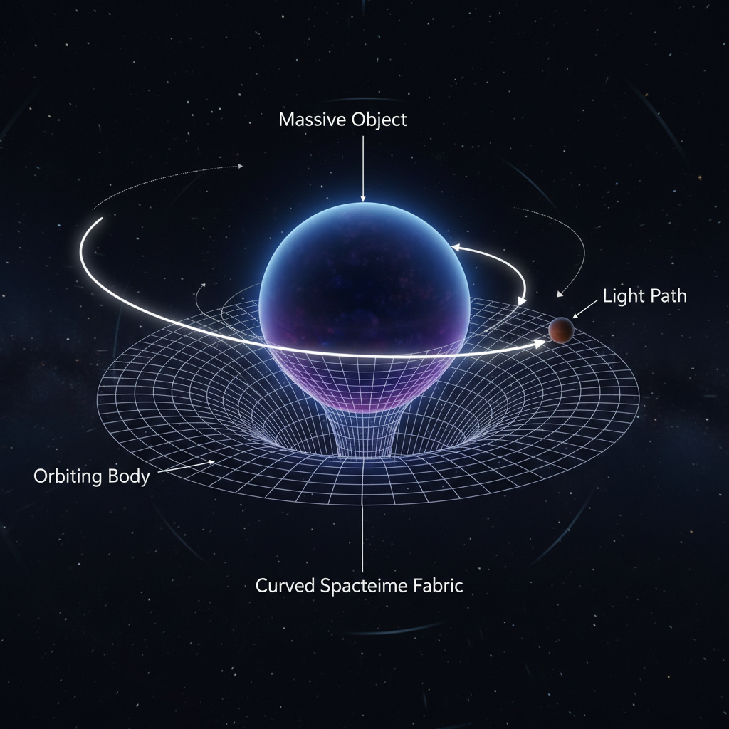 A visualização demonstra como objetos massivos, como estrelas e buracos negros, distorcem o tecido do espaço-tempo, afetando a trajetória da luz e de outros corpos celestes.