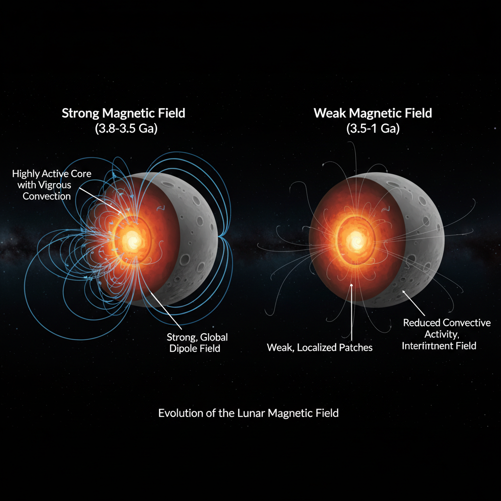 O infográfico demonstra a variabilidade do campo magnético lunar ao longo de bilhões de anos, com períodos de forte atividade magnética seguidos por fases de campos significativamente mais fracos ou intermitentes.
