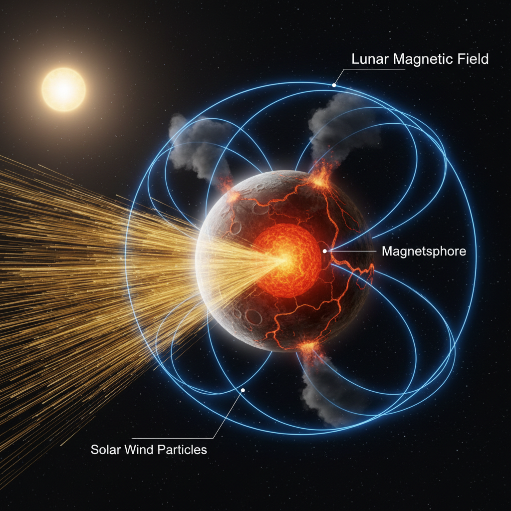 Visualização de como o campo magnético lunar primitivo teria atuado como um escudo, desviando as partículas carregadas do vento solar e protegendo a superfície da Lua.
