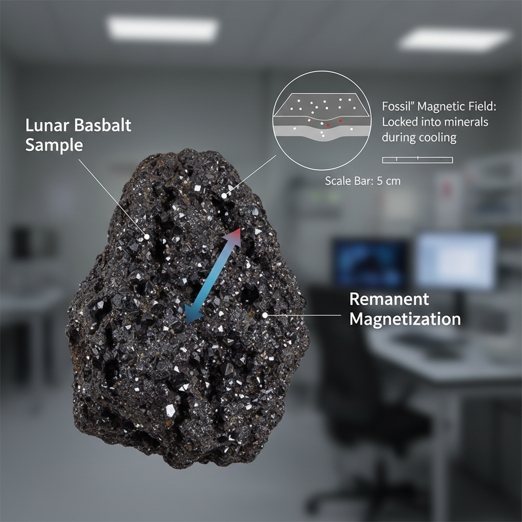 Esta imagem detalha uma amostra de rocha lunar da missão Apollo, mostrando a magnetização remanente que serve como evidência fóssil do antigo campo magnético da Lua, essencial para estudos paleomagnéticos.