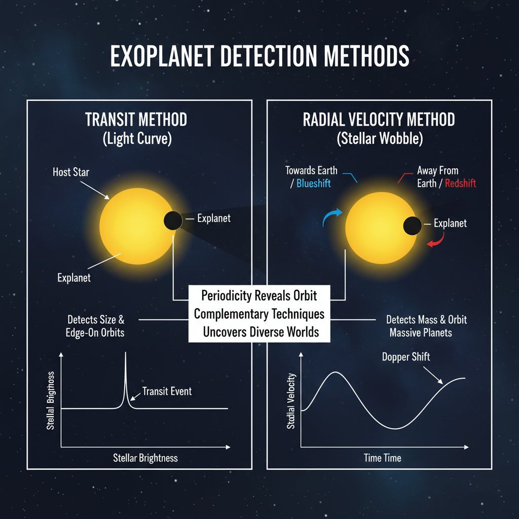 Este infográfico compara os métodos de trânsito e velocidade radial, explicando como a maioria dos exoplanetas detectados são 'Júpiters quentes' devido às limitações observacionais.