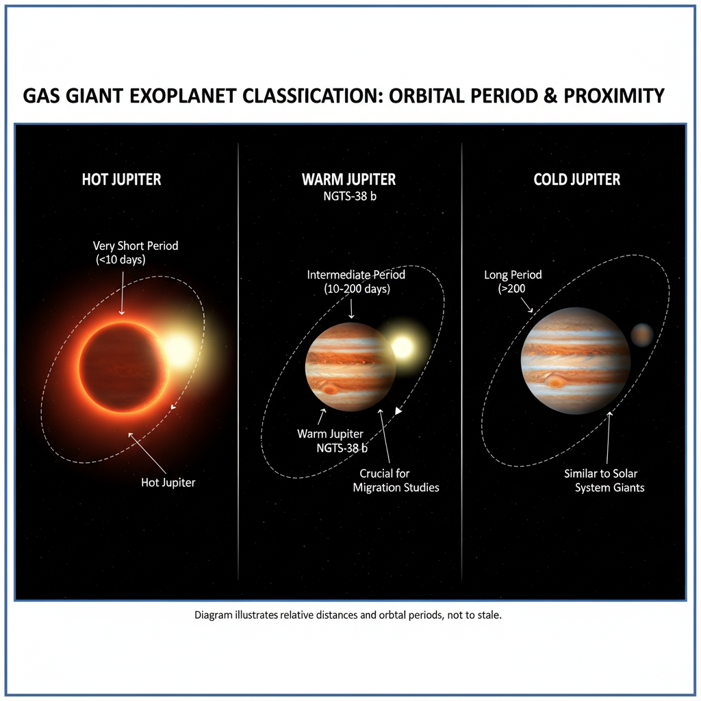 Este infográfico categoriza os gigantes gasosos em 'Júpiters quentes', 'mornos' e 'frios', destacando a importância dos 'Júpiters mornos' como NGTS-38 b para entender a migração planetária.