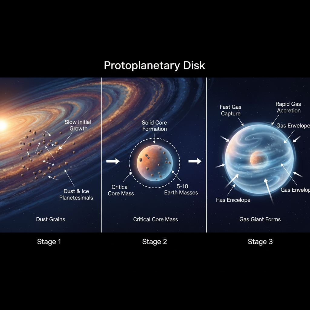 Este infográfico ilustra o modelo de Acreção do Núcleo, uma teoria fundamental que descreve como os gigantes gasosos se formam a partir de um núcleo sólido que acumula gás em um disco protoplanetário.