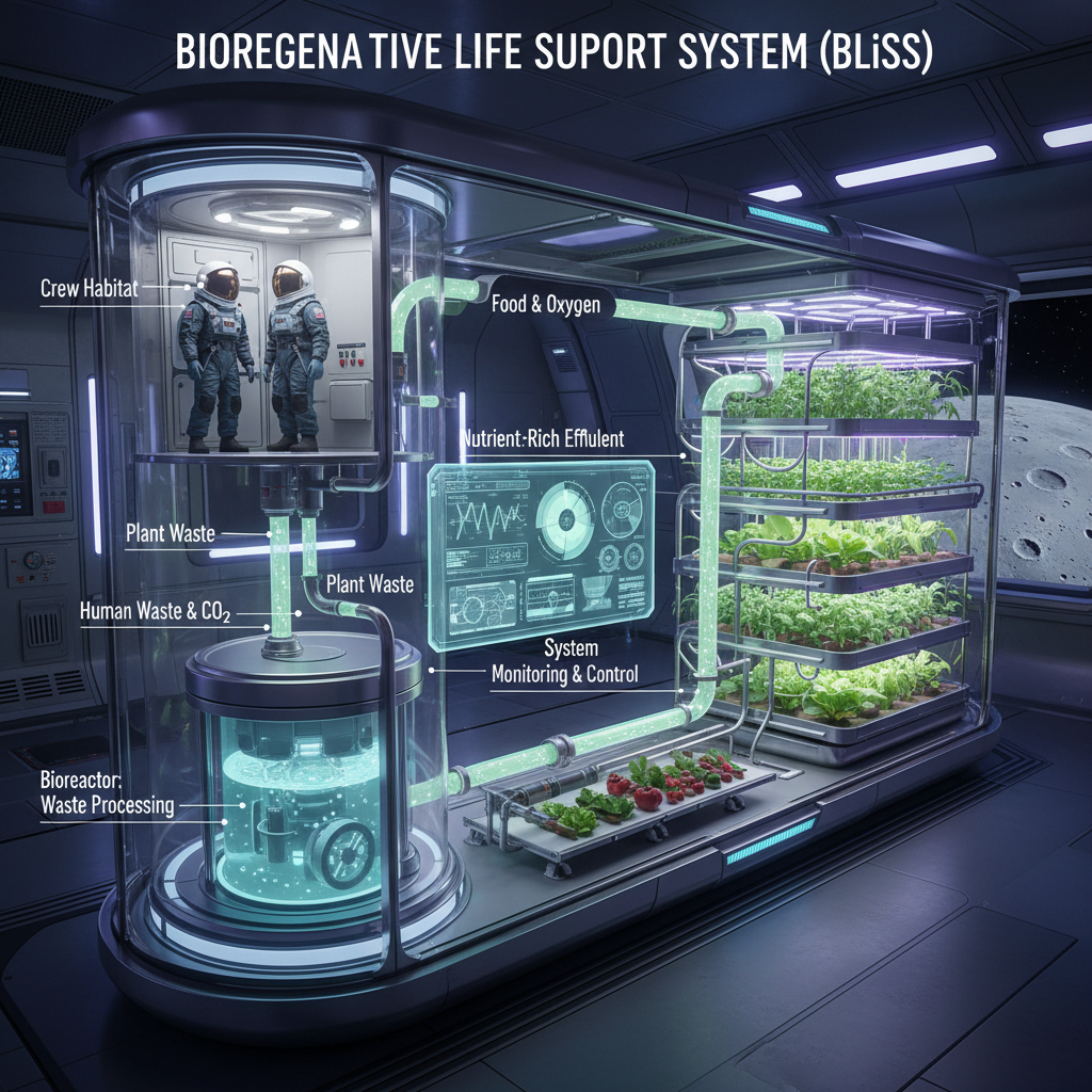 Este infográfico detalha o funcionamento de um Sistema de Suporte à Vida Bioregenerativo (BLiSS), essencial para a autossuficiência em missões espaciais de longa duração. Ele ilustra como resíduos orgânicos são reciclados para produzir nutrientes para plantas, fechando o ciclo de recursos.