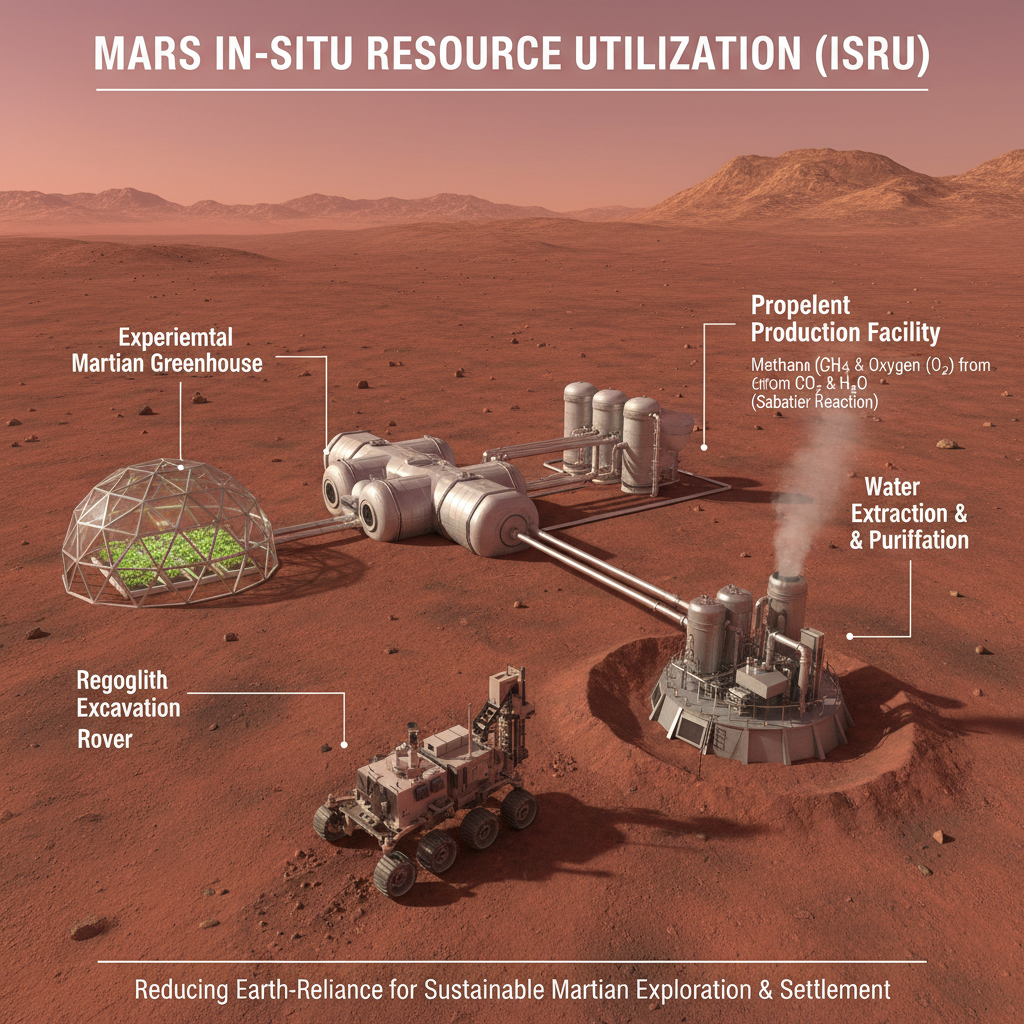 O infográfico visualiza a Utilização de Recursos In Situ (ISRU) em Marte, mostrando como a futura exploração pode aproveitar os recursos locais. Ele demonstra a extração de água, produção de propelente e cultivo de alimentos diretamente no planeta vermelho, reduzindo a dependência da Terra.