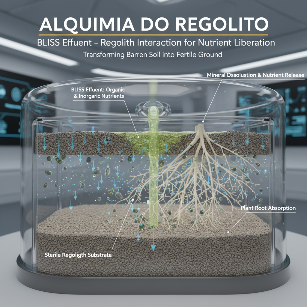 Este infográfico demonstra a 'alquimia' de transformar regolito estéril em solo fértil, mostrando como o efluente rico em nutrientes de um sistema BLiSS interage com o regolito lunar ou marciano para liberar minerais essenciais para o crescimento das plantas.