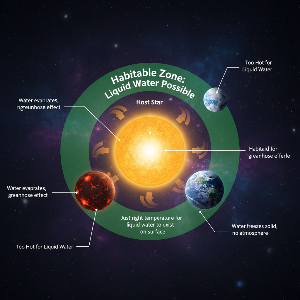 Representação visual de uma zona habitável, ou 'Zona de Ricitos de Ouro', onde as condições são ideais para a existência de água líquida na superfície de um planeta, um pré-requisito fundamental para a vida como a conhecemos.