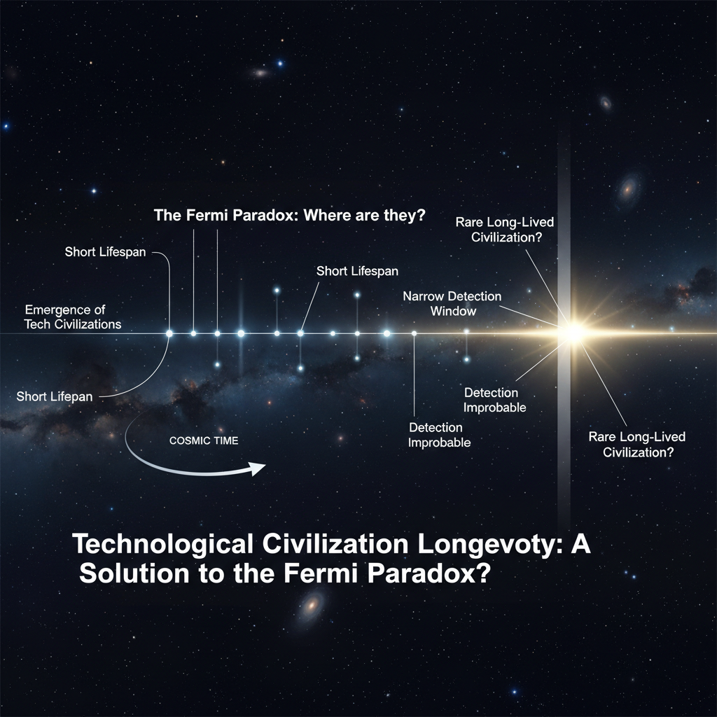 Este infográfico explora a hipótese da longevidade das civilizações tecnológicas, sugerindo que a transitoriedade pode ser a razão para o silêncio cósmico, com pouquíssimas civilizações persistindo tempo suficiente para serem detectadas.