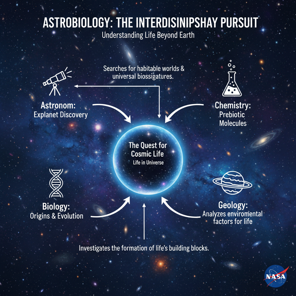 O infográfico ilustra a astrobiologia como uma ciência interdisciplinar, combinando astronomia, biologia, química e geologia para investigar a origem, evolução e distribuição da vida no universo.