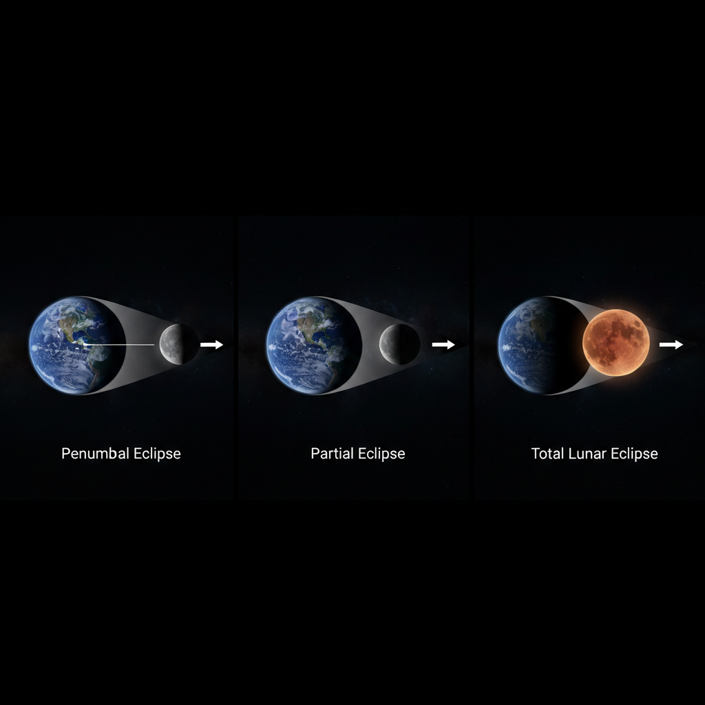 A visualização compara os três tipos de eclipses lunares: penumbral, parcial e total, demonstrando como a posição da Lua em relação à umbra e penumbra da Terra define a aparência do fenômeno.