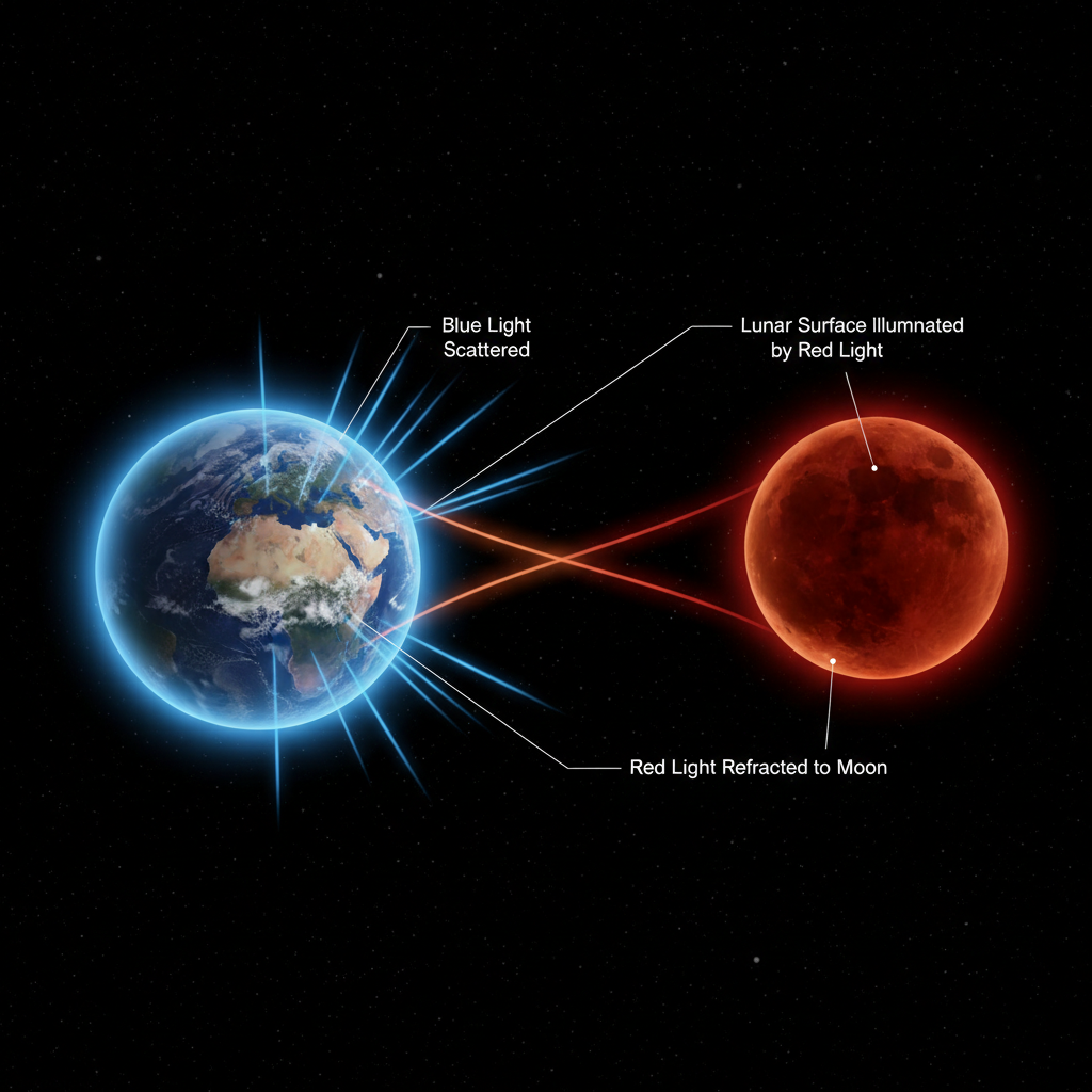 Este infográfico ilustra como a atmosfera terrestre dispersa a luz azul e refrata a luz vermelha em direção à Lua durante um eclipse total, conferindo-lhe a característica tonalidade avermelhada.