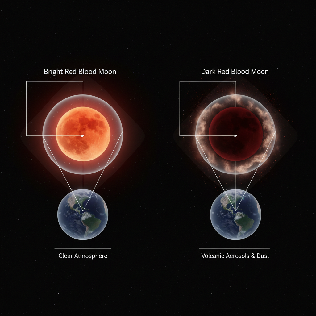 A intensidade e tonalidade da Lua de Sangue variam conforme as condições da atmosfera terrestre, como a presença de poeira e aerossóis vulcânicos, que podem tornar o fenômeno mais escuro e dramático.