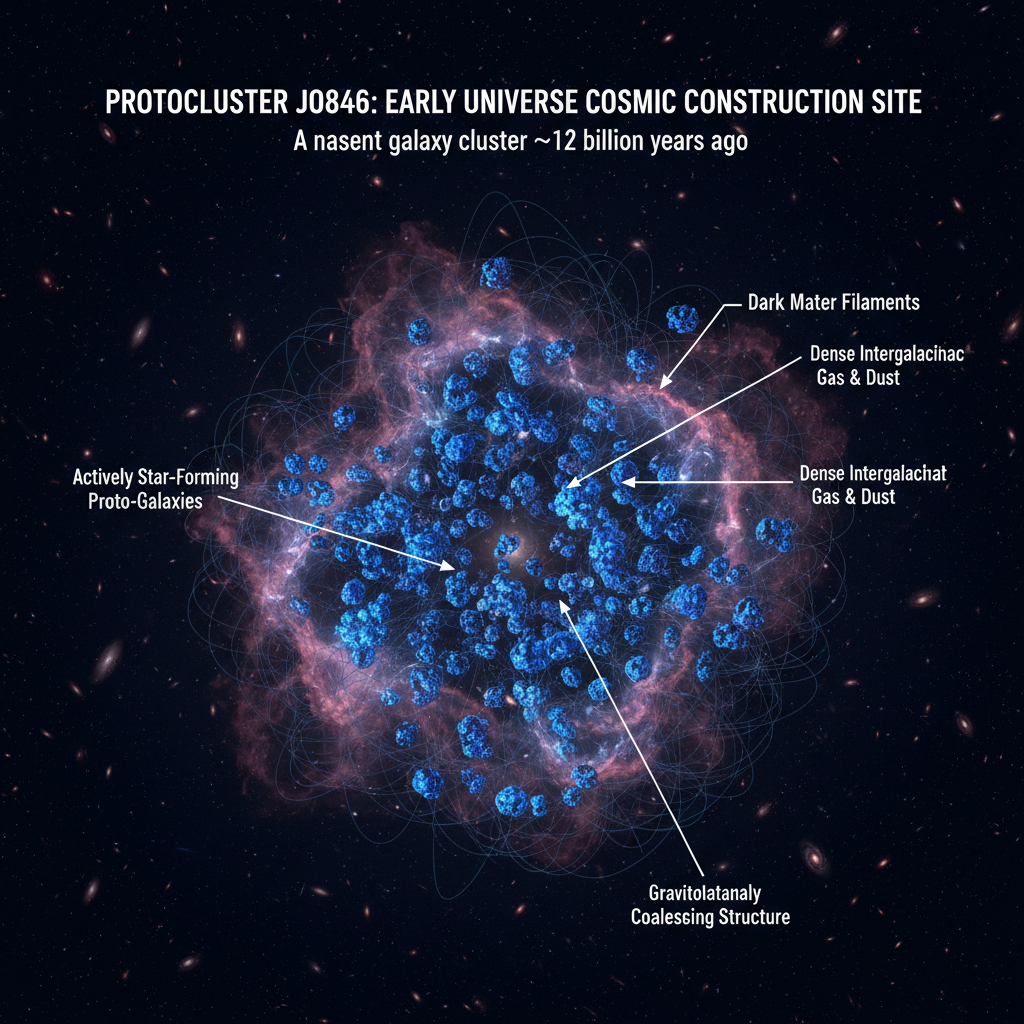 Visualização do protocluster J0846, um berçário galáctico no universo primordial, onde dezenas de galáxias jovens e ativas estão se aglomerando sob a influência da gravidade para formar um futuro aglomerado massivo.