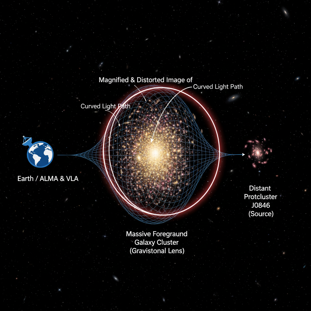 Este infográfico demonstra como um aglomerado de galáxias em primeiro plano atua como uma lente gravitacional natural, amplificando e distorcendo a luz do distante protocluster J0846, permitindo sua observação detalhada.