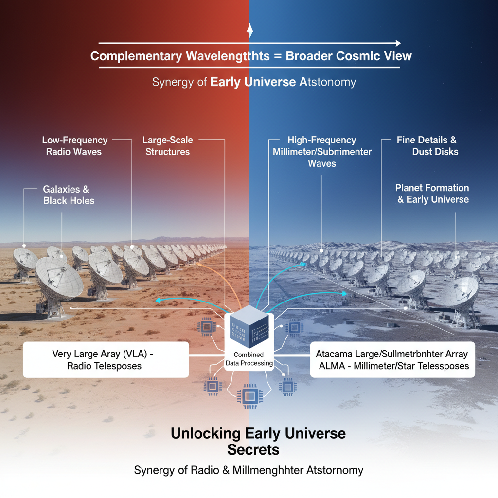 A colaboração entre o Very Large Array (VLA) e o Atacama Large Millimeter/submillimeter Array (ALMA) foi crucial para desvendar os segredos do protocluster J0846, combinando suas capacidades para observar o universo em diferentes comprimentos de onda.