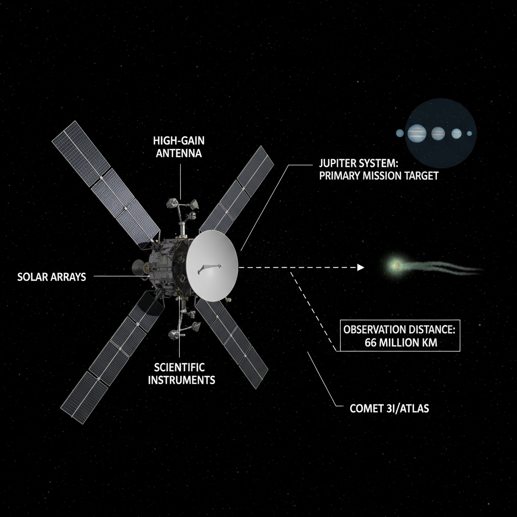 A sonda JUICE, a caminho de Júpiter, realizou um encontro inesperado com o cometa interestelar 3I/ATLAS, demonstrando a flexibilidade da missão e a capacidade de aproveitar oportunidades científicas únicas a 66 milhões de quilômetros de distância.