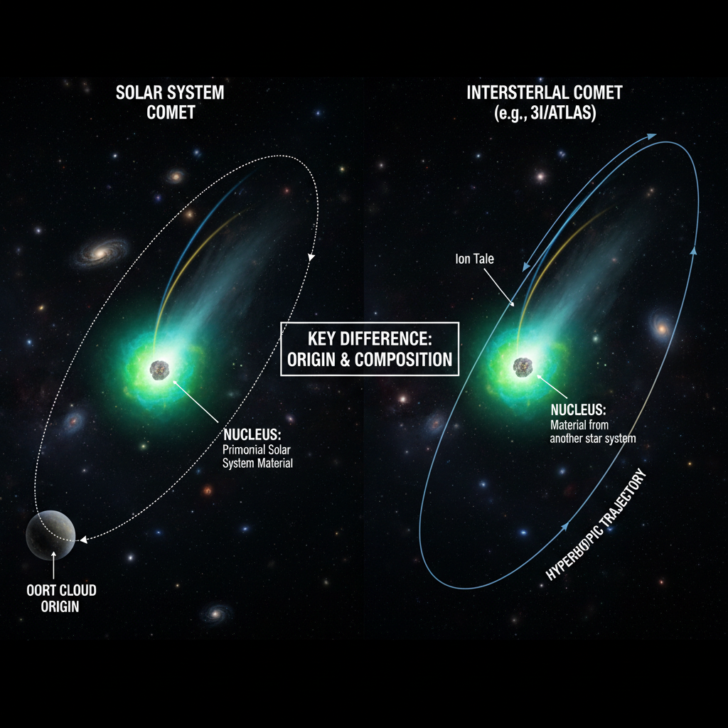 Este infográfico compara um cometa típico do nosso sistema solar, originário da Nuvem de Oort, com um cometa interestelar como o 3I/ATLAS, que se distingue por sua composição e trajetória originadas de outro sistema estelar.