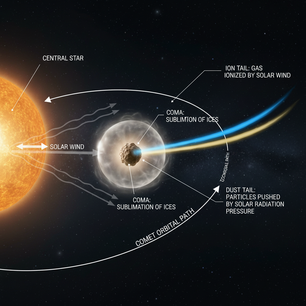 Este infográfico explica como as caudas de um cometa se formam: o calor estelar sublima os gelos do núcleo, criando uma coma e duas caudas distintas – uma de íons, impulsionada pelo vento estelar, e outra de poeira, que segue a órbita do cometa.