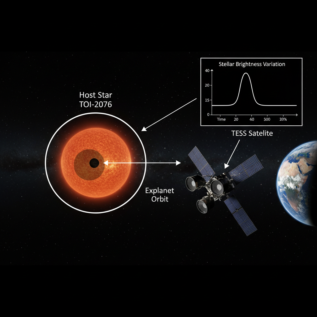 O método de trânsito planetário, empregado pelo satélite TESS, detecta exoplanetas como os de TOI-2076 ao medir pequenas quedas no brilho de uma estrela quando um planeta passa à sua frente.