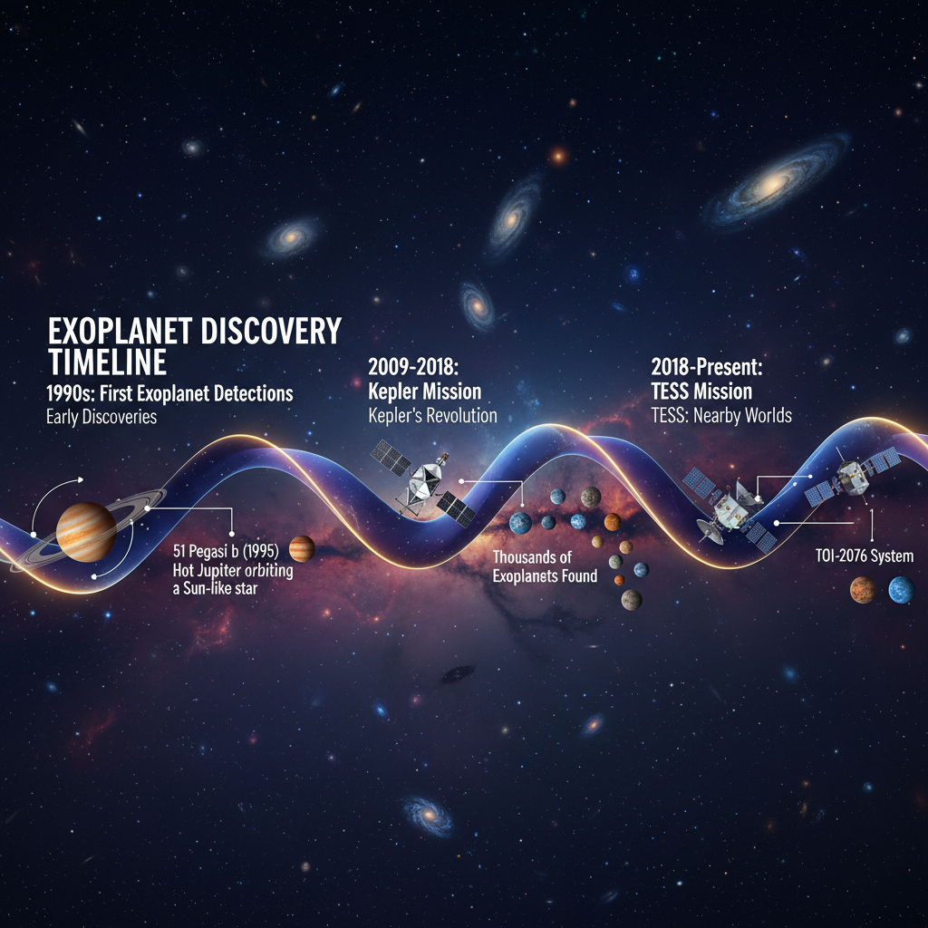 Este infográfico traça a evolução da descoberta de exoplanetas, desde os primeiros 'Júpiteres Quentes' até as milhares de detecções do Kepler e a missão TESS, que revelou sistemas como TOI-2076.