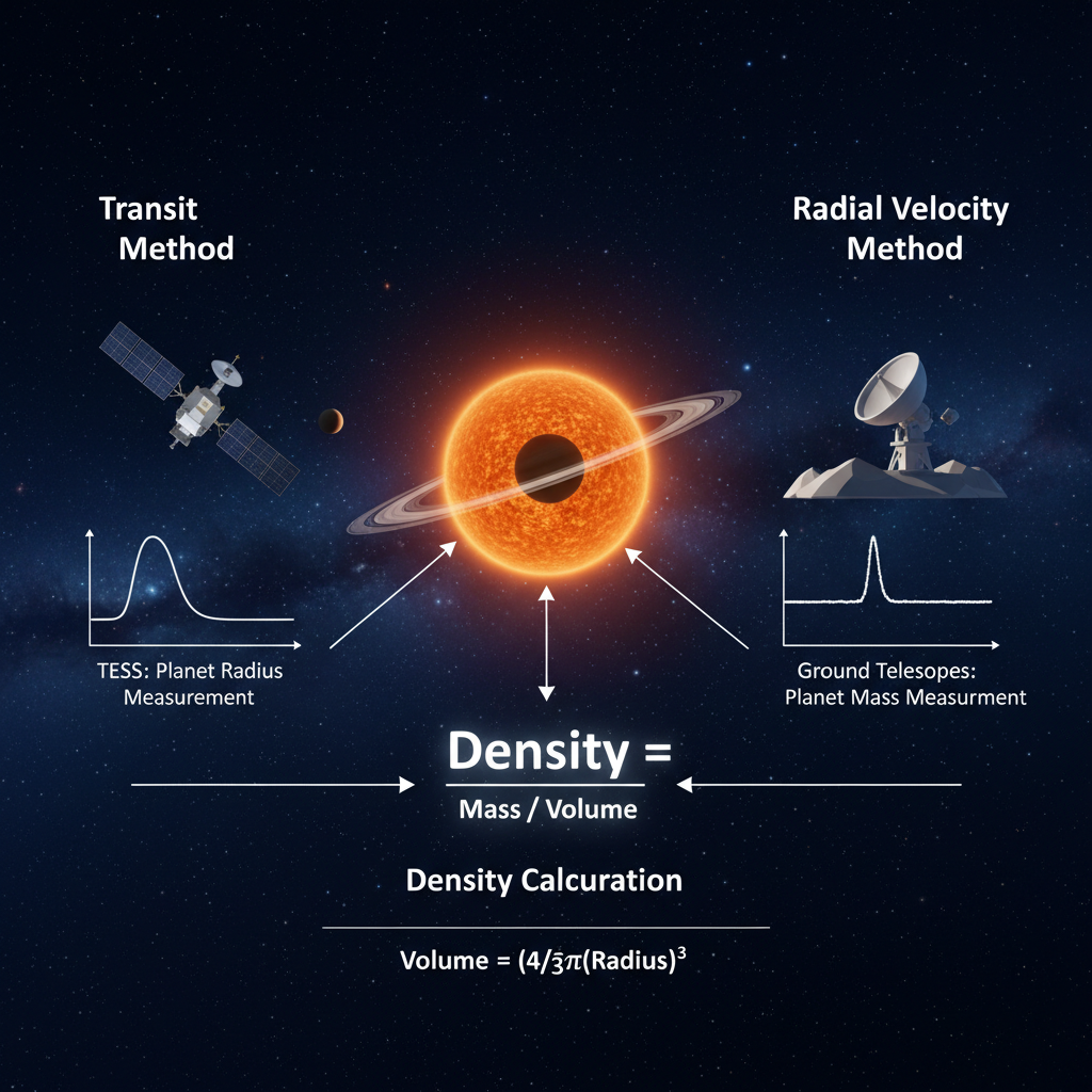 A densidade de um exoplaneta é crucial para entender sua composição, sendo calculada pela combinação de seu raio (obtido pelo TESS) e sua massa (medida por telescópios terrestres via velocidade radial).