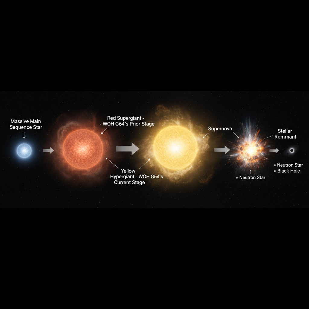 O ciclo de vida das estrelas massivas é complexo e espetacular, culminando em supernovas. WOH G64 está atualmente na rara e transitória fase de hipergigante amarela, um estágio crucial antes de seu destino final.