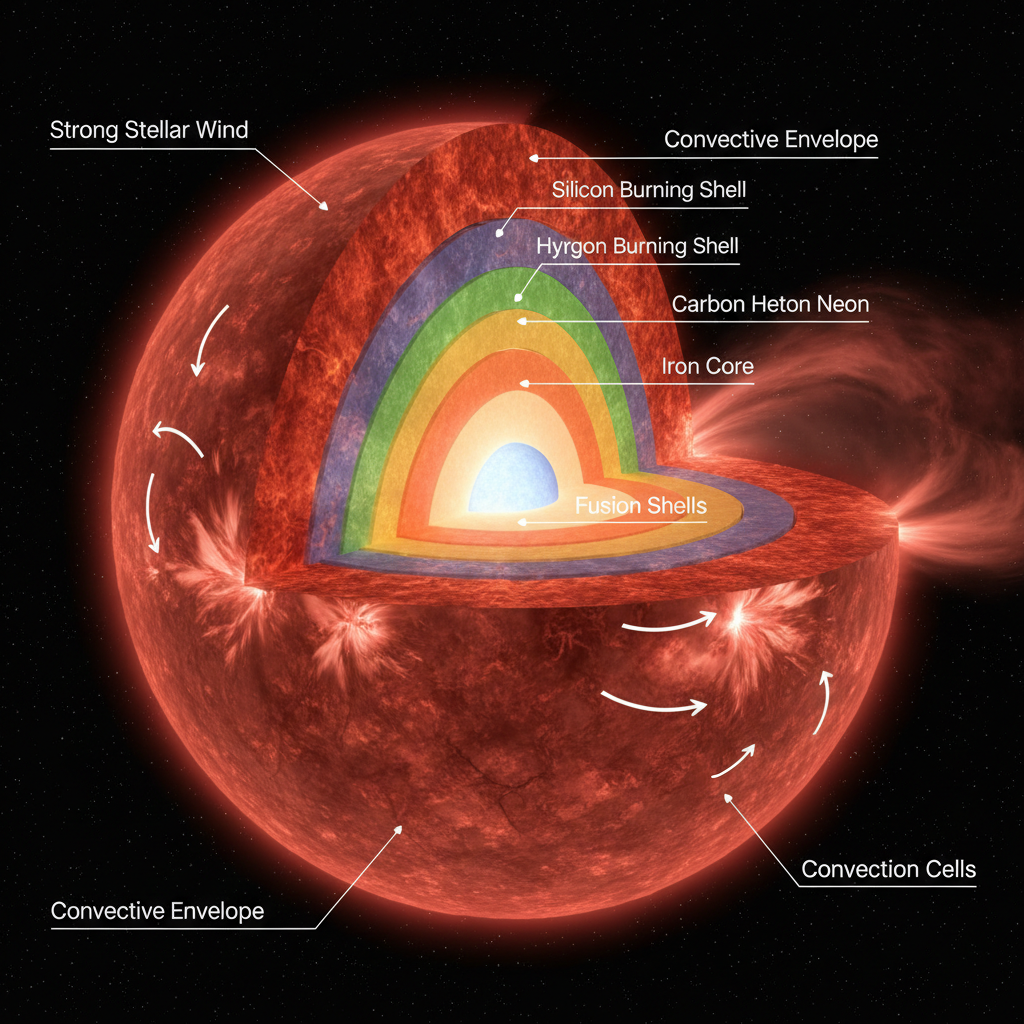 Este diagrama em corte transversal detalha a estrutura interna de uma supergigante vermelha, revelando suas múltiplas camadas de fusão nuclear e a extensa envelope convectiva que impulsiona seus poderosos ventos estelares.