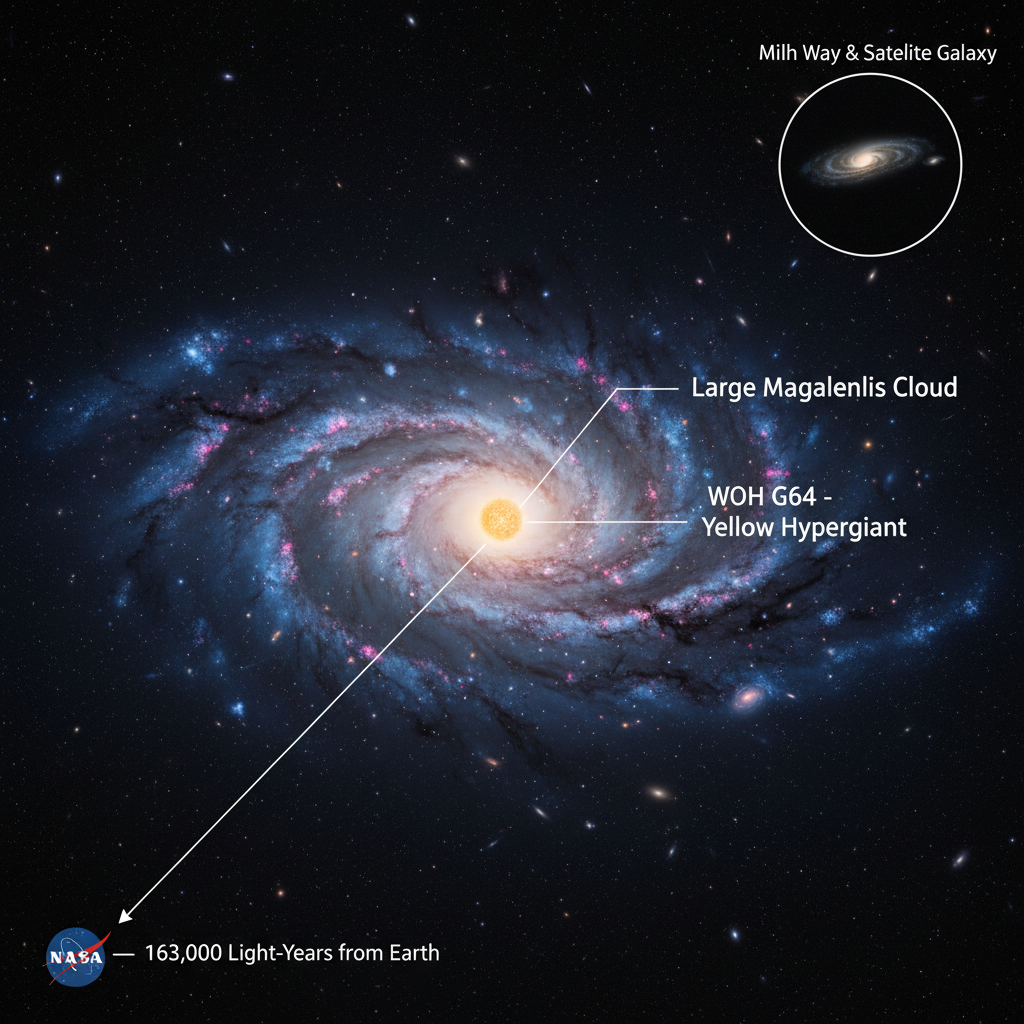 WOH G64 reside na Grande Nuvem de Magalhães, uma galáxia satélite da Via Láctea, a aproximadamente 163.000 anos-luz de distância, servindo como um laboratório cósmico ideal para o estudo de estrelas massivas.