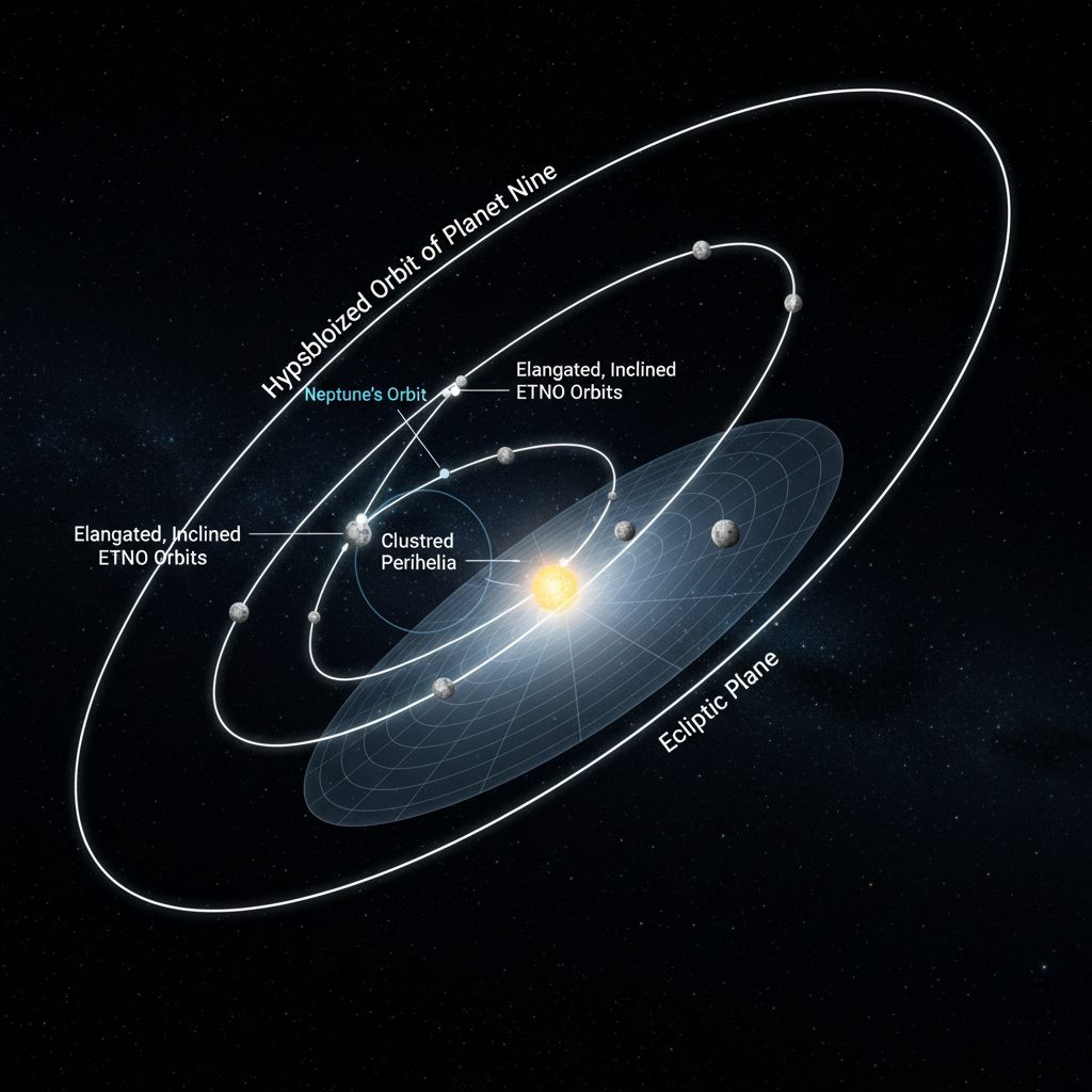 Este infográfico demonstra o alinhamento incomum das órbitas de objetos transnetunianos extremos, um dos principais indícios da existência do Planeta Nove, cuja gravidade parece estar moldando esses corpos distantes.