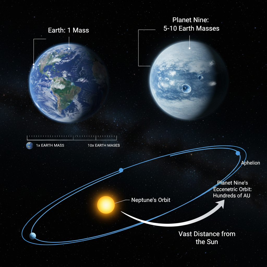 Este infográfico compara a massa estimada do Planeta Nove (5 a 10 vezes a da Terra) e sua órbita extremamente alongada, que se estenderia por centenas de Unidades Astronômicas, muito além de Netuno.