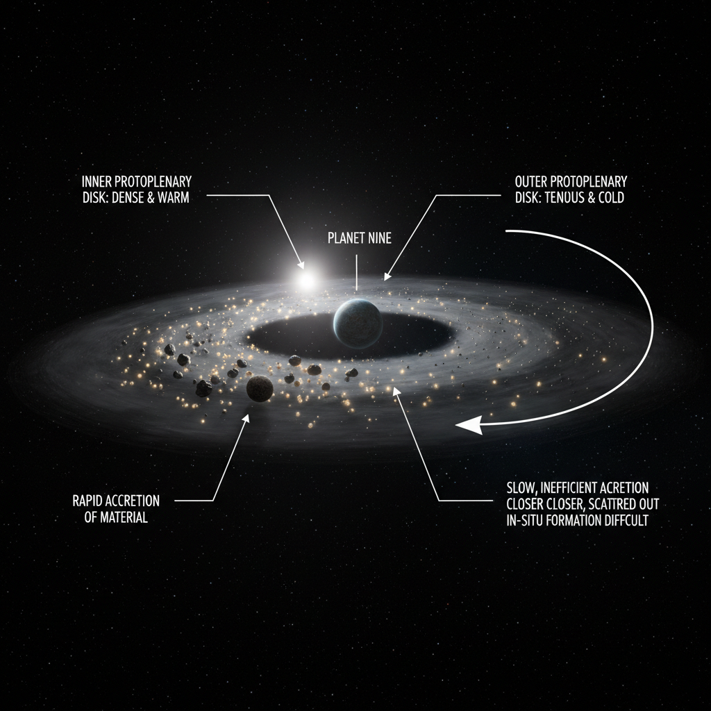 Este infográfico explora as teorias de formação planetária, contrastando a rápida acreção perto de uma estrela com a formação desafiadora em regiões distantes, sugerindo que o Planeta Nove pode ter se formado mais próximo do Sol antes de ser ejetado.